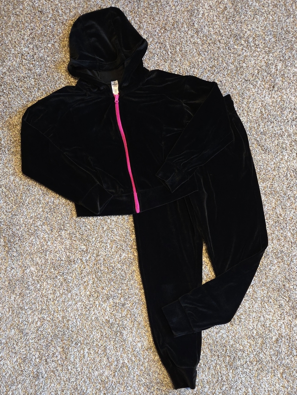90 Degree By Reflex Girl's 2 Piece Black Velour Hoodie & Joggers with Pink Zip